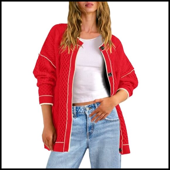 Oversized Cable Knit Cardigan Sweater Lightweight Button Front Pockets - Picture 3 of 7